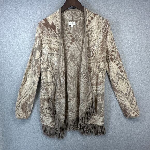 Lucky Brand Fringe Brushed Knit Cardigan Sweater Medium Tan Southwest Open Front - Picture 1 of 12